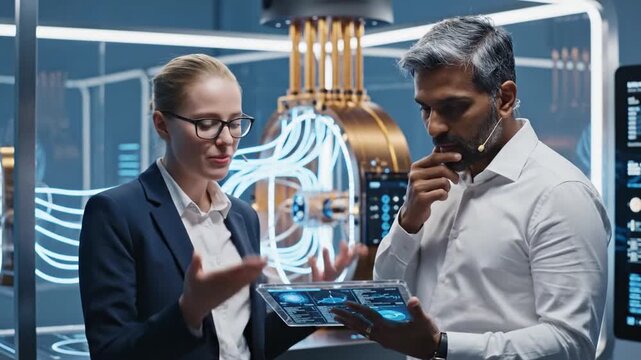 93_Female and Male Engineers Collaborating on Quantum Computer Development Discussing a Report on a Tablet Computer in a Research Center Colleagues Focusing on Innovation and Technology 78126454 1