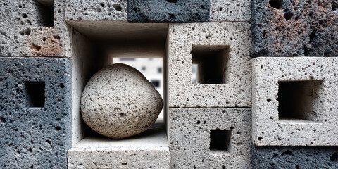 Round Natural Rock Placed within Square Niche of Textured Volcanic Tuff Stone Wall