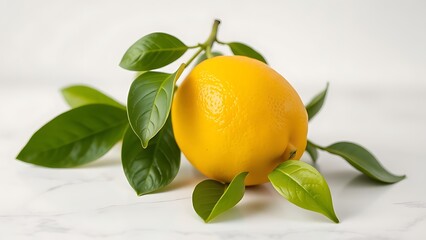Fresh lemon with green leaves on a marble surface, showcasing vibrant yellow against a clean white background.