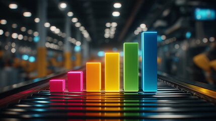 Graph of Rising Potential: An eye-level perspective showcases a colorful bar graph ascending against the backdrop of an industrial plant, evoking growth, development, and progress.