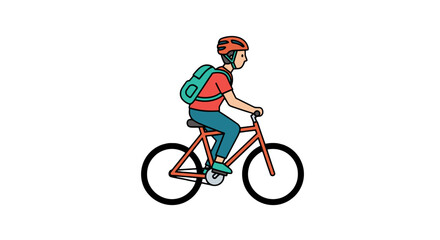 Naklejka premium A person with a helmet and backpack riding a bicycle, promoting eco-friendly transportation and healthy habits.
