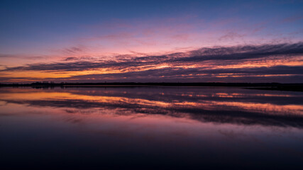 Hunzevalley sunset landscape with reflections in water - De Branden, Hunzedal, Drenthe, The...