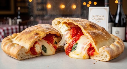 Indulge in a hot, gooey calzone bursting with rich marinara sauce and melted mozzarella cheese, perfect for celebrating National Calzone Day with wine.