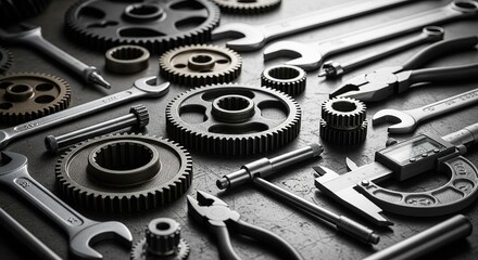 Fototapeta premium Close up of various mechanical tools and gears on a textured surface showing industrial hardware for construction and engineering