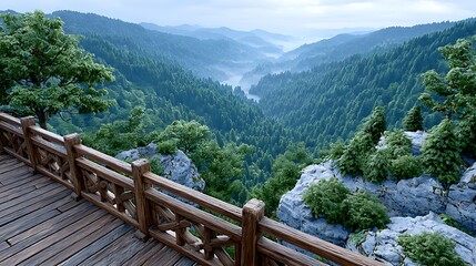 Misty Mountains View from Wooden Balcony after Rain Washing Green Landscape