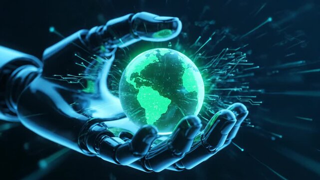 Robotic hand holding glowing green globe with digital network patterns in futuristic tech environment - Powered by Adobe