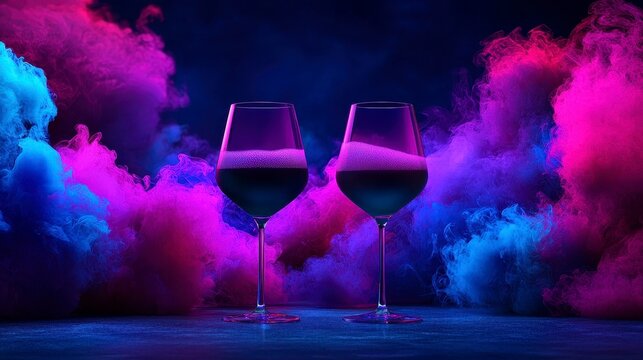 Stylish wine glasses against a vibrant smoke backdrop in shades of pink and blue creating a festive atmosphere