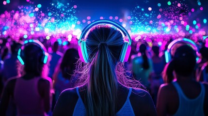A vibrant crowd enjoying a silent disco with colorful lights and glowing headphones amidst a lively atmosphere