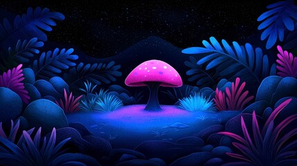 A vibrant fantasy scene featuring a glowing pink mushroom in a lush, dark forest with colorful foliage