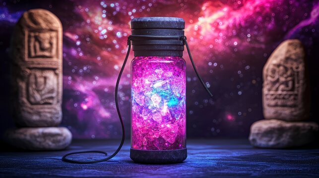 Mystical glass bottle filled with vibrant crystals against a cosmic backdrop featuring ancient stone carvings