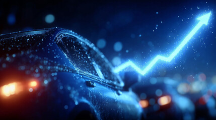 Automotive Innovation and Growth: An advanced automobile representing the evolution of transport, with a glowing arrow pointing upwards.