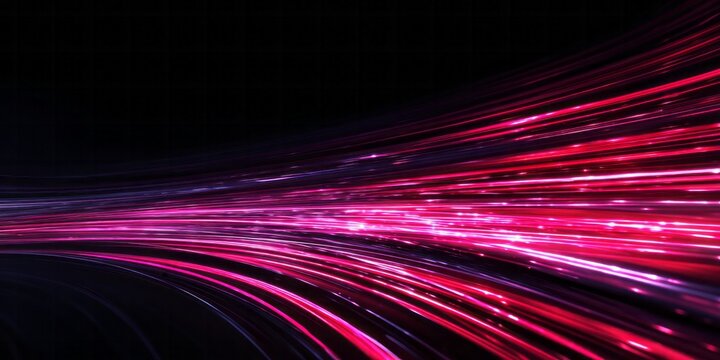 Bright magenta and purple light trails stream dynamically across a dark background surface