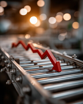Economic Downturn: A symbolic red downward arrow descends a metallic conveyor belt, representing economic recession.