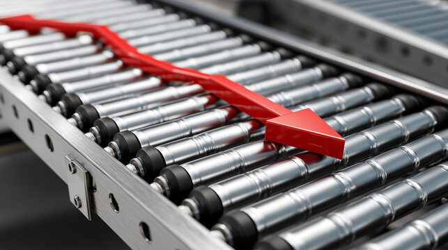 Conveyor Belt Decline: A red arrow dramatically signifies a downward trend as it moves along an industrial conveyor belt, highlighting the concept of decline or decrease in productivity.