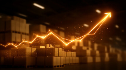 Growth Trajectory: An upward-trending golden graph illustrates business growth, soaring above stacked packages within a warehouse, capturing the essence of progress.
