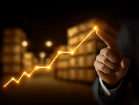 Warehouse Growth: A hand traces a rising graph, indicating economic development against the backdrop of a warehouse filled with goods, symbolizing business progress.