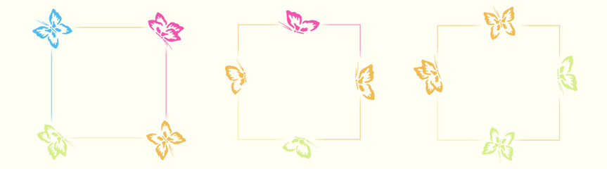 Colorful square butterfly frame set &ndash; multicolor butterfly silhouettes in pastel tones