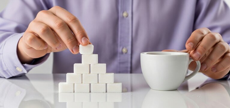 Man in lilac shirt stacking sugar cube pyramid beside coffee cup, banner template for unhealthy sugar intake diabetes risk or dietary awareness with copyspace.