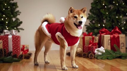 Dog Wearing Christmas Outfit Walking near Tree and Presents - Powered by Adobe