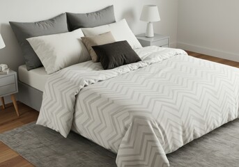 Obraz premium Modern bedroom setting features crisp bedding with a chevron pattern and assorted decorative pillows