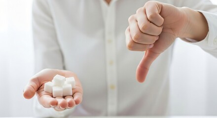 Caucasian woman giving thumbs down while holding sugar cubes, banner template for diabetes prevention healthy diet or reduced sugar intake awareness with copyspace.
