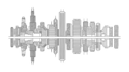 Obraz premium Cityscape Reflection: A modern cityscape with its towering structures mirrors beautifully in the calm surface below. capturing the urban landscape and architectural brilliance.
