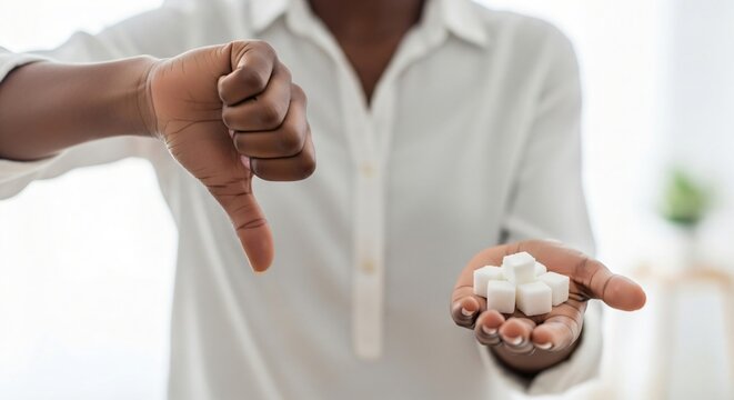 African American woman giving thumbs down while holding sugar cubes, banner template for diabetes prevention healthy diet or reduced sugar intake awareness with copyspace.