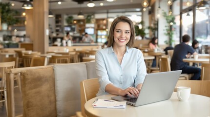 Fototapeta premium Woman working on laptop in cozy urban lifestyle capture bright atmosphere engaging perspective modern workspace concept