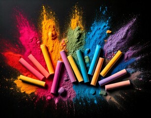 Vibrant chalk pastels exploding with color on black background 