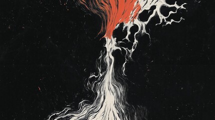 Striking Black and White Illustration with Fiery Red - Abstract Eruption of Ethereal Energy