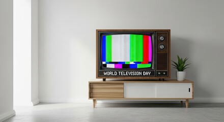 Retro television broadcasting 'WORLD TELEVISION DAY' with colorful test pattern, a nostalgic nod to broadcast history and modern media consumption