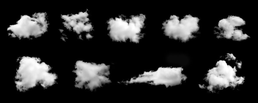 Collection of white fluffy clouds isolated on black background. Concept for sky design elements, weather illustration, nature background, or realistic cloud texture for graphic art and visual effects.