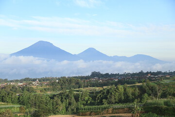 A stunning landscape view of Indonesian mountains surrounded by mist and clouds, with lush green fields and rural villages in the foreground. The morning sunlight highlights the natural beauty