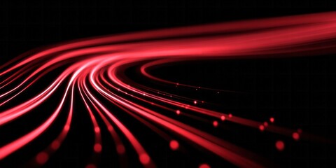 Brilliant red light trails curve dramatically across a deep black background simulating data transmission