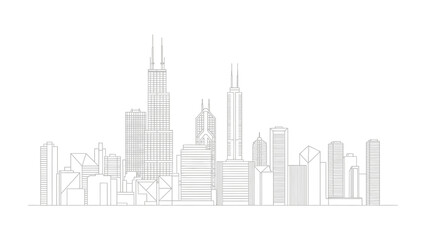 Chicago Skyline in Silhouette: A minimalist monochrome depiction of the iconic skyline, showcasing the impressive architectural forms of skyscrapers and buildings. 