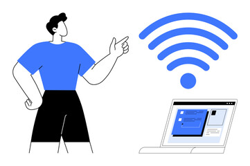 Standing figure points at wireless signal icon next to an open laptop with displayed interface. Ideal for technology, communication, connection, network, remote work, internet, education themes