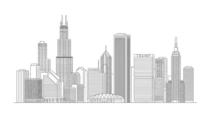 Chicago Skyline Silhouette: A clean, monochrome depiction of the iconic Chicago skyline, showcasing architectural marvels. A perfect illustration for urban and architectural projects.