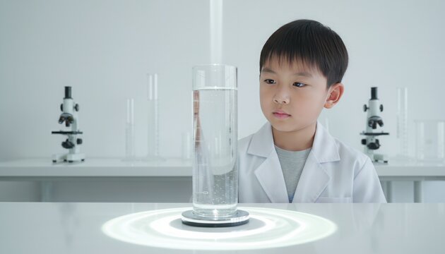 Young Asian boy in a lab coat observing a science experiment in a modern laboratory. Child learning about chemistry and water. STEM education and discovery concept