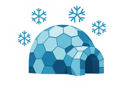 Igloo icon with falling snowflakes representing cold weather, winter, and arctic shelter on transparent background