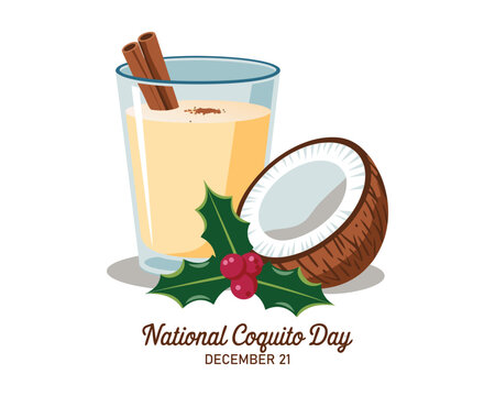 National Coquito Day vector. Puerto Rican eggnog with cinnamon and coconut milk icon vector. Traditional christmas holiday drink coquito drawing. December 21.