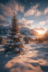 A snow-covered mountain at sunset in winter, pine trees laden with snow.