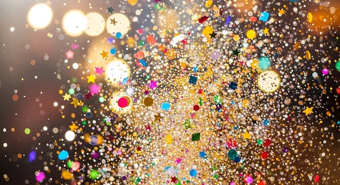 Colorful confetti celebration background with bokeh lights and festive elements