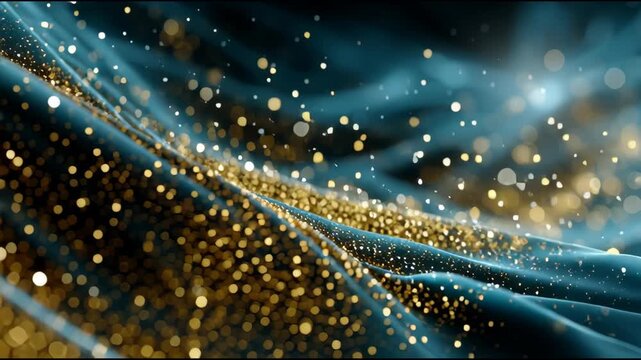 A blue and gold swirl of glittery particles. The image is a beautiful and mesmerizing display of shimmering gold and blue. The glittery particles seem to be floating in the air