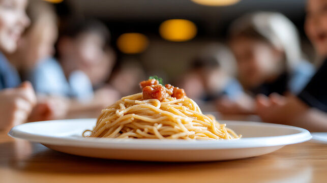A plate of delicious spaghetti topped with savory tomato sauce sits on a wooden table, ready to be enjoyed by a group of hungry people. Meal time is a joyous occasion.
