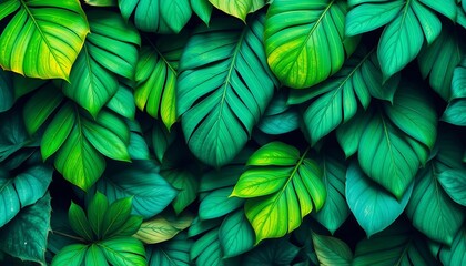 Fototapeta premium Vibrant green & teal tropical leaves, watercolor wash, lush texture, abstract, stock photo