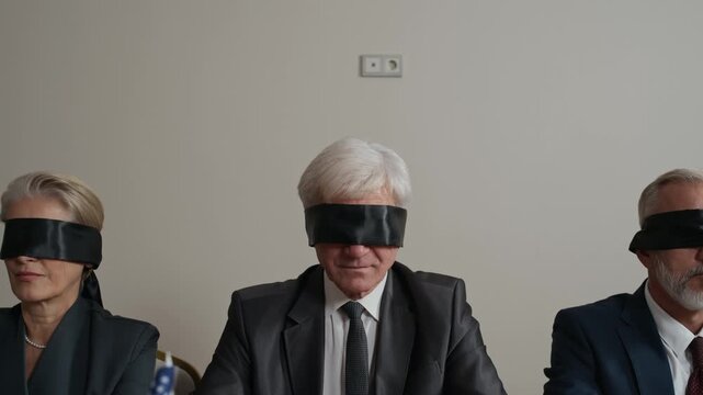 Zoom-in shot of diverse politicians and diplomats sitting at table during international event, wearing blindfolds, symbolizing misunderstanding, conflict, or lack of clarity in decision-making