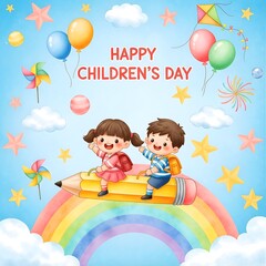 Colorful Happy Children's Day Illustration with Kids Riding a Pencil Rainbow