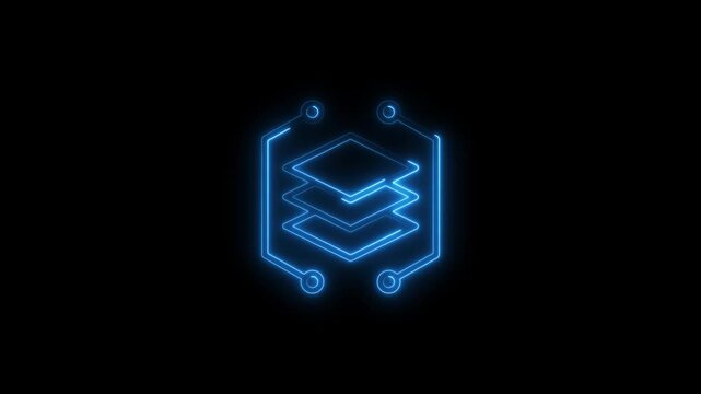 Blue Neon Stacked Layers Icon on Black Background symbol technology