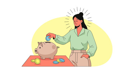 A thoughtful woman demonstrates smart financial habits, carefully depositing her earnings into a traditional piggy bank for future prosperity.