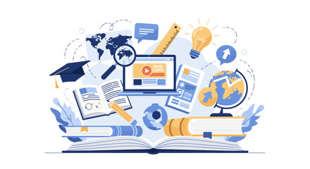 This vibrant vector illustration depicts a dynamic concept of global digital education and knowledge acquisition, showcasing various learning tools and academic elements.
